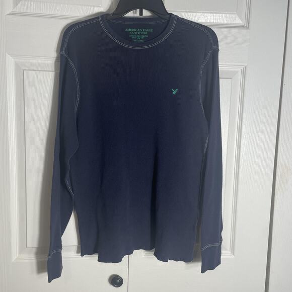 American Eagle Shirt Men XL Navy Blue Y2K Waffle Thermal Cotton Long Sleeve Logo - Picture 1 of 12